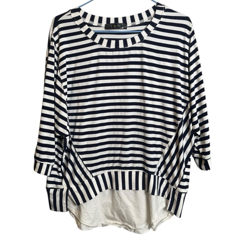 T&M Black and‎ White Striped layered Top sz S/M